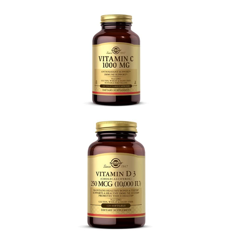 Solgar Vitamin C 1000 mg, 100 Vegetable Capsules - Antioxidant & Immune Support - Overall Health Vitamin D3 (Cholecalciferol) 250 MCG (10,000 IU), 120 Softgels - Immune System Support