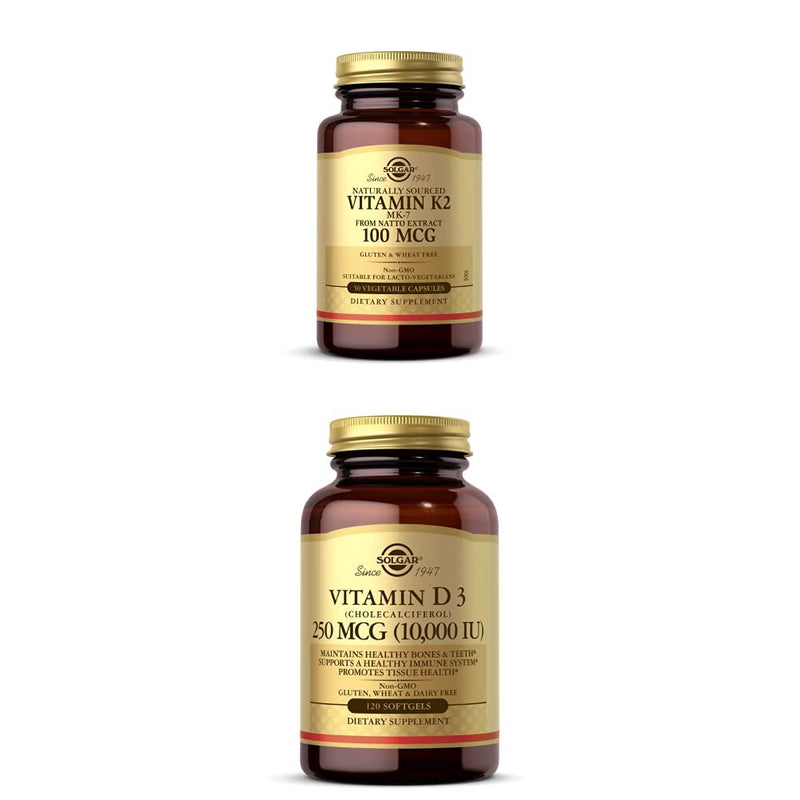 Solgar Vitamin K2 (MK-7) 100mcg, 50 Vegetable Capsules - Supports Bone Health Vitamin D3 (Cholecalciferol) 250 MCG (10,000 IU), 120 Softgels - Immune System Support