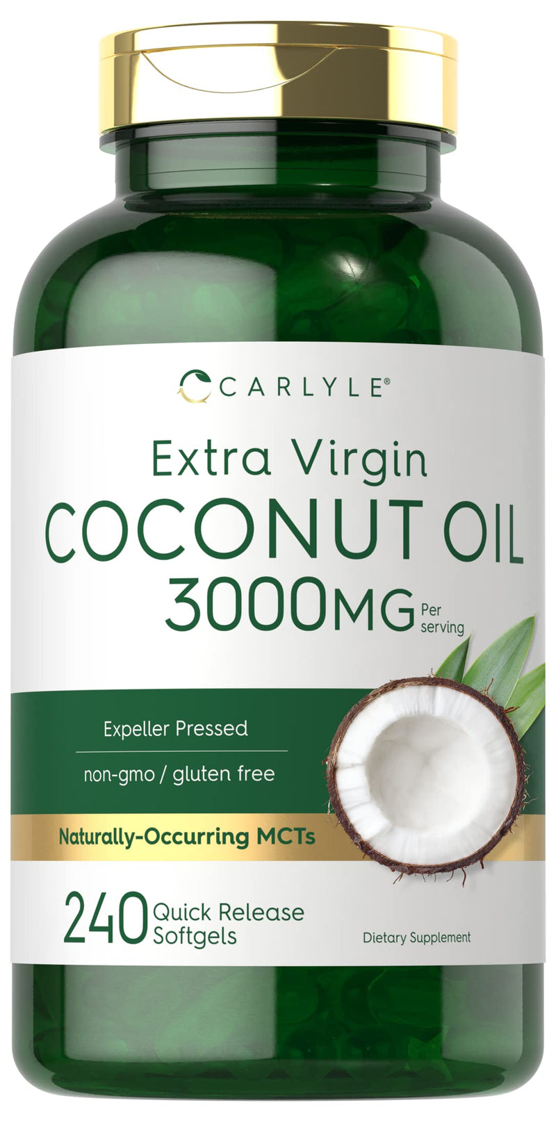 [Australia] - Carlyle Coconut Oil Extra Virgin Softgel Capsules | 3000mg | 240 Count | Naturally Occurring MCTs | Non-GMO and Gluten Free Supplement 