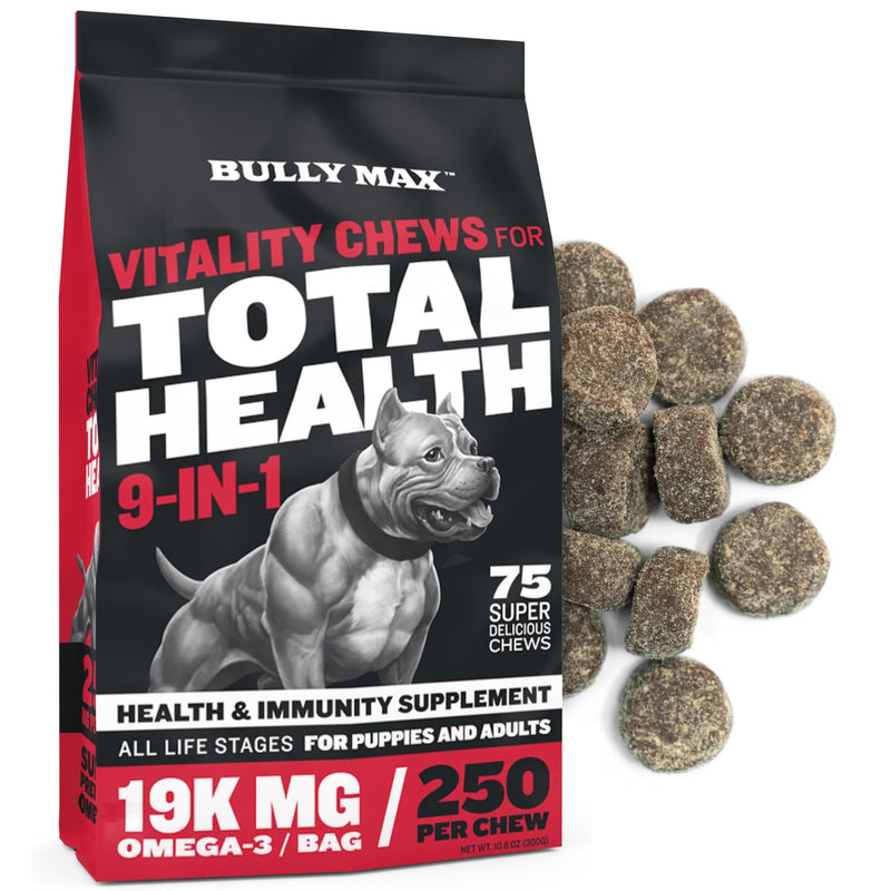 Bully Max 9-in-1 Total Health Dog Chews - Puppy & Adult Dog Multivitamin Treats - Omega 3 Vitamin Supplements for Immunity, Brain, Heart, Joint & Digestive Health for All Breeds - 75 Soft Chews/Bag - PawsPlanet Australia