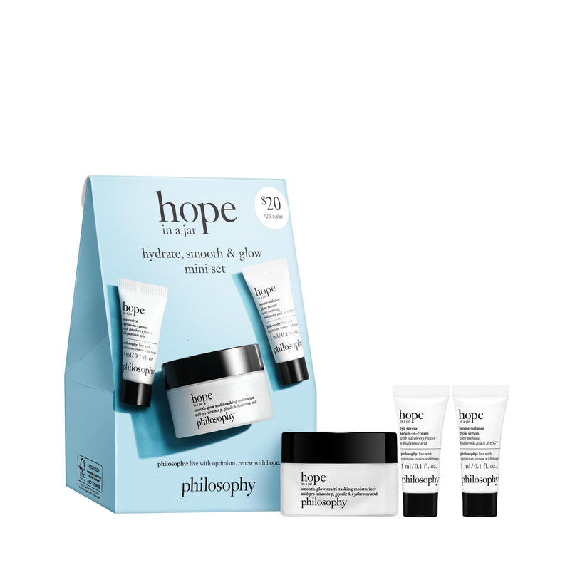 [Australia] - philosophy hope in a jar smooth-glow multi-tasking face moisturizer - with pro-vitamin P, glycolic acid & hyaluronic acid - provides deep & long-lasting hydration & smoother, radiant skin 3 piece set (0.5 fl oz. + 0.1 fl oz. + 0.1 fl oz.) 