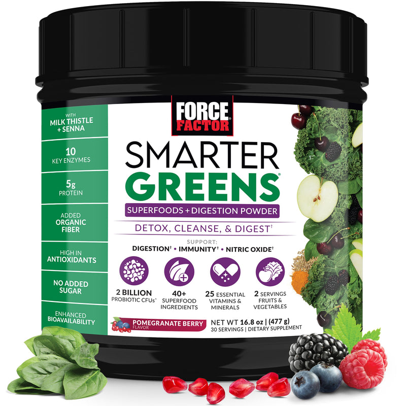 Force Factor Smarter Greens Superfoods Powder for Gut Health & Digestion | Greens Powder with Probiotics, Prebiotics & Digestive Enzymes to Reduce Bloating, Pomegranate Berry, 30 Servings Superfoods + Digestion Powder 14.8 Ounce (Pack of 1)