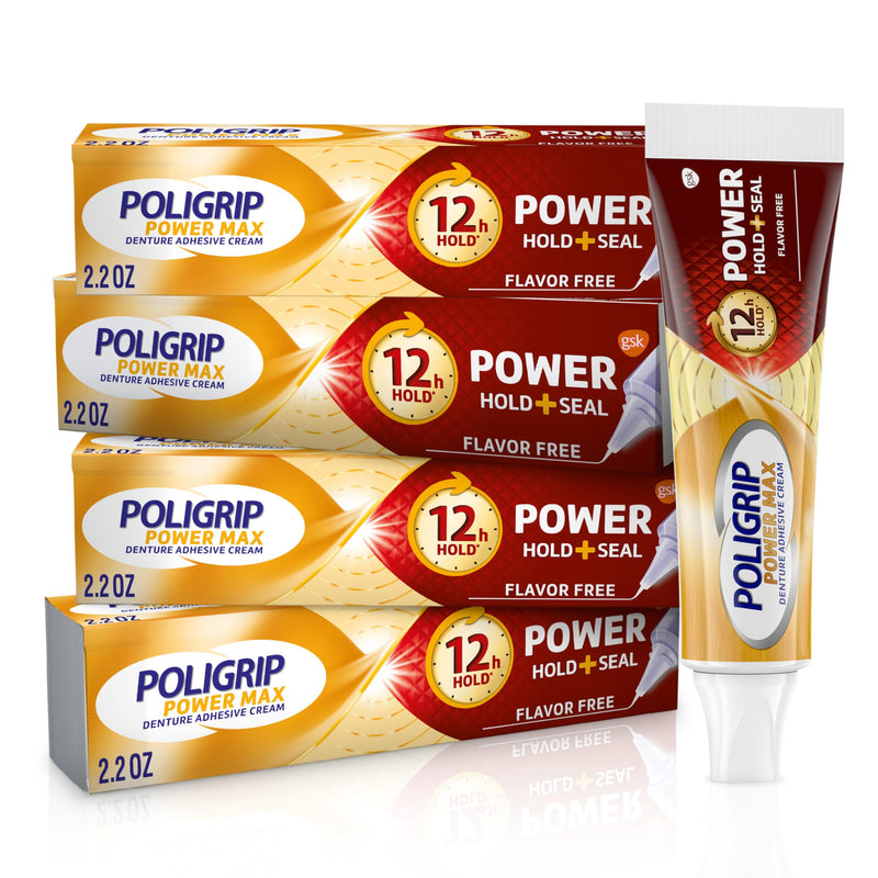 [Australia] - Super Poligrip Power Max Power Hold plus Seal Denture Adhesive Cream, Denture Cream for Secure Hold and Food Seal, Flavor Free - 2.2 oz (Pack of 4) 