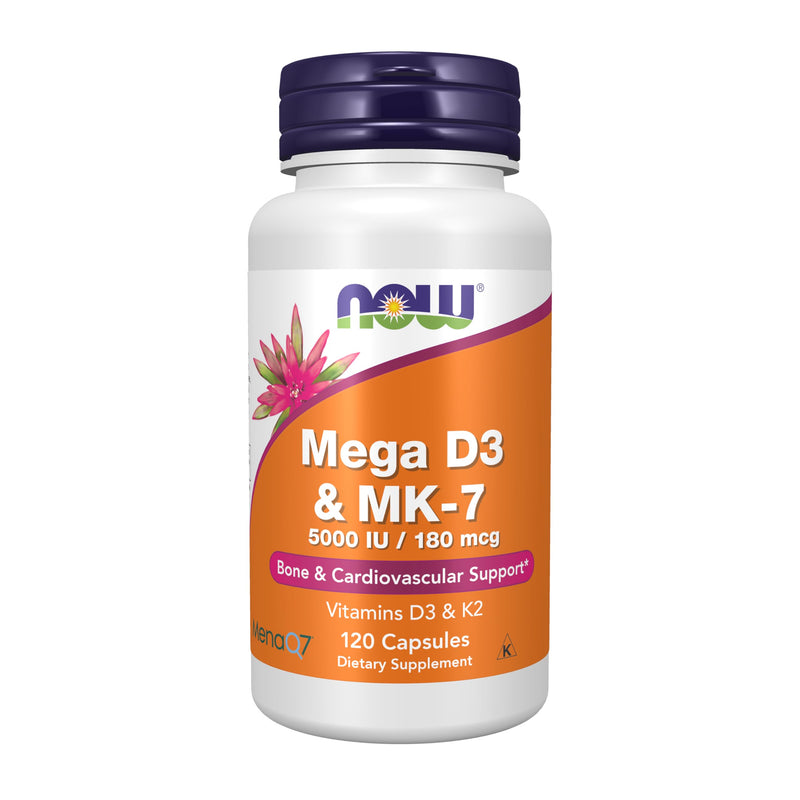 NOW Supplements, Mega D-3 & MK-7, 5000 IU / 180 mcg, Bone & Cardiovascular Support*, Vitamins K-3 & K-2, 120 Capsules 120 Count (Pack of 1)