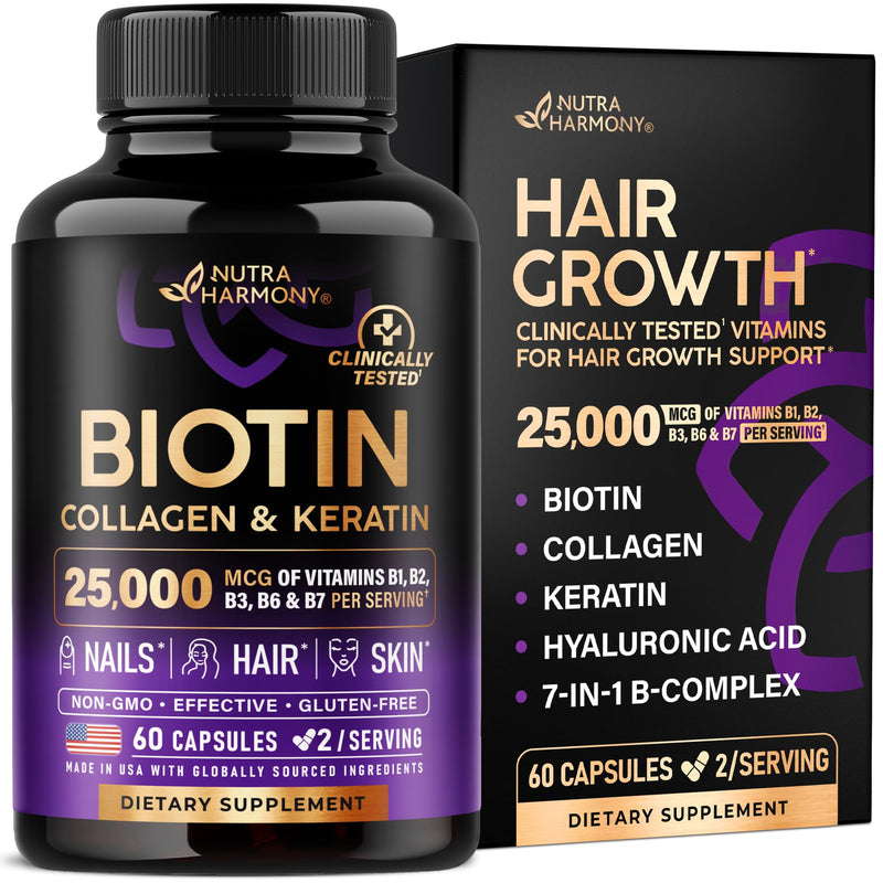Biotin, Collagen, Hyaluronic Acid & Keratin - Hair Growth Support - 60 Caps | Hair, Skin & Nails Vitamins - Clinically Tested Supplement for Men & Women - 25000mcg Vitamins B1, B2, B3, B6 & B7 60 Count (Pack of 1)