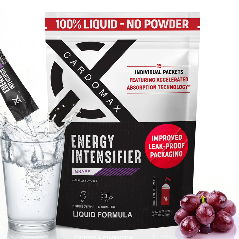 CardoMax Caffeine Packets, Grape, 15 Liquid Stick Packs | Energy Drink Packets with 200 MG Liquid Caffeine, BCAA, Vitamin B12 & B6, Sugar-Free, Zero Calorie, Vegan & Keto