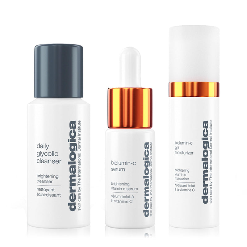 Dermalogica Daily Brightness Boosters, Vitamin C Brightening Skincare Kit | Brightens Dull Skin and Evens Tone, 3-Piece Vitamin C Kit with Glycolic Cleanser, BioLumin-C Serum, and Gel Moisturizer