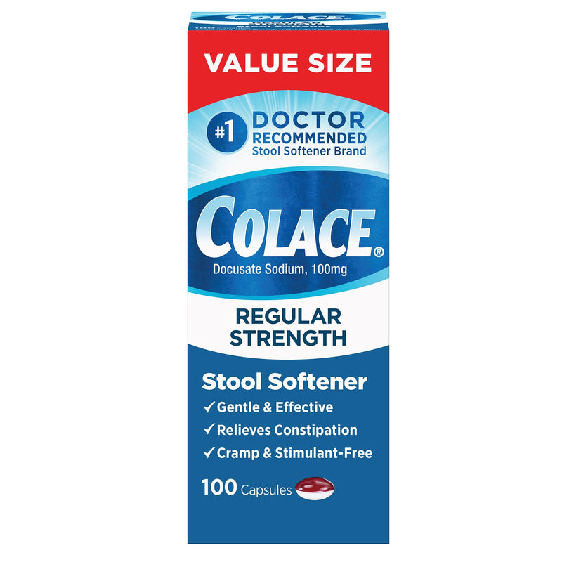 [Australia] - Colace Regular Strength Stool Softener 100 mg Capsules 100 Count Docusate Sodium Stimulant-Free for Gentle, Dependable Occasional Constipation Relief 100 Count (Pack of 1) 