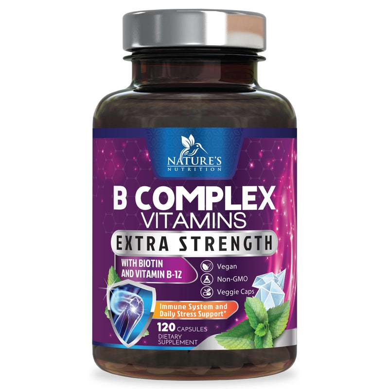 B Complex Vitamins Capsules - Super Complete B-100 Complex with Vitamin B12 B6 C Biotin Folate & Folic Acid for Immune & Energy Support - Supplement for Heart, Brain, & Nerve Support - 120 Capsules 120 Count (Pack of 1)