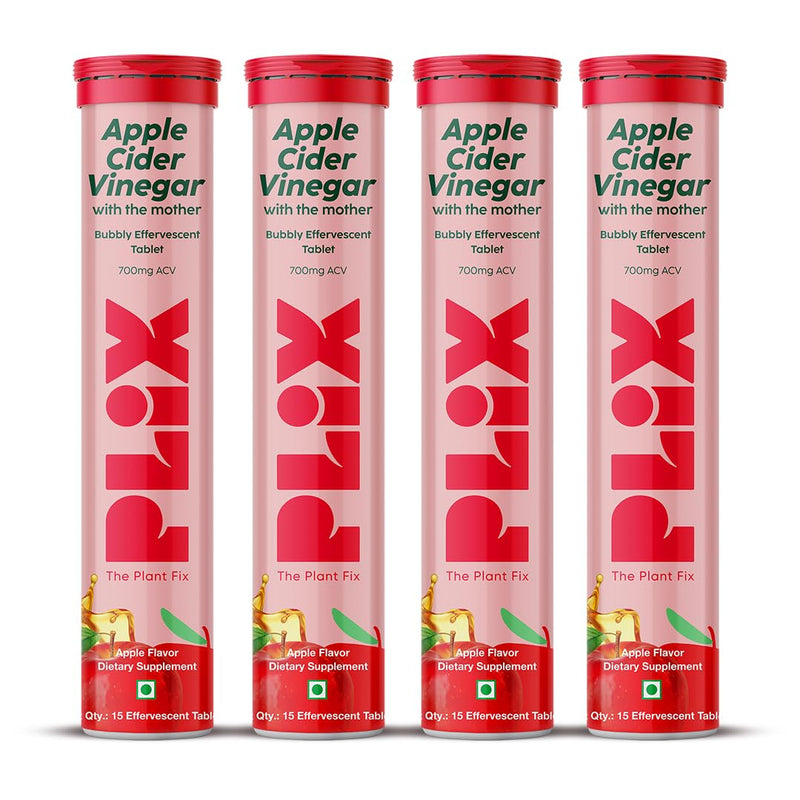 PLIX - THE PLANT FIX Apple Cider Vinegar 15 Effervescent Tablet, ACV with Mother for Weight Loss and Easy Digestion, Vitamin B6 & B12, Pack of 4 (Apple), 100% Vegan, Easy to Carry & Consume 60 Tablets (Pack of 4)