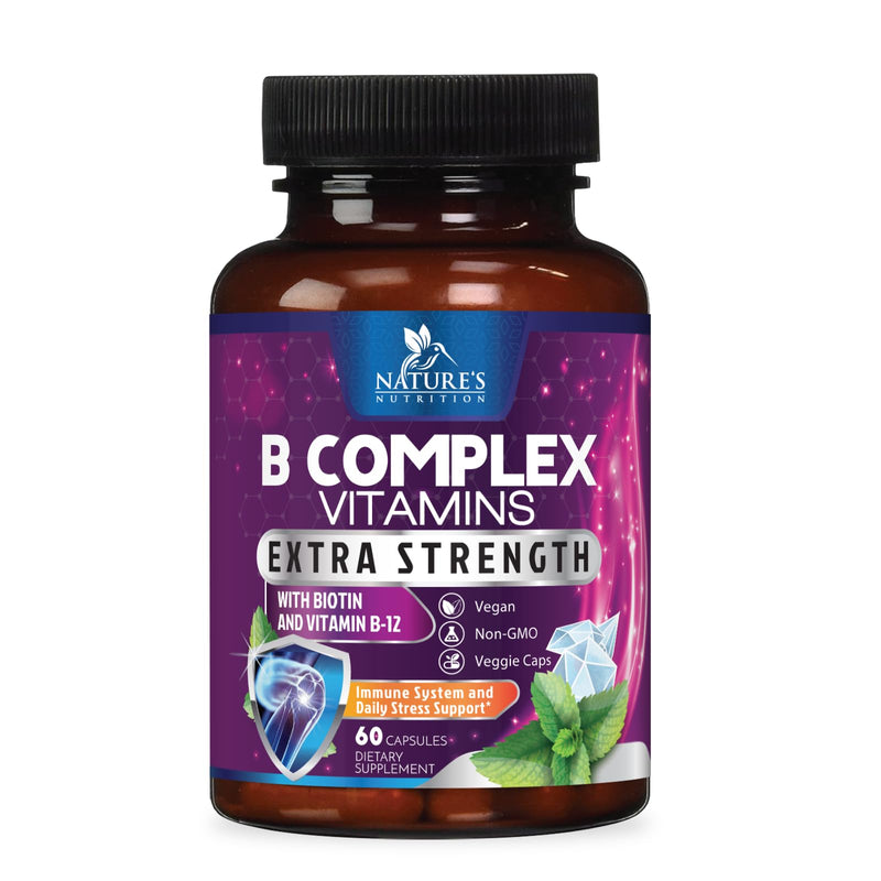 B Complex Vitamins Capsules - Super Complete B-100 Complex with Vitamin B12 B6 C Biotin Folate & Folic Acid for Immune & Energy Support - Supplement for Heart, Brain, & Nerve Support - 60 Capsules 60 Count (Pack of 1)