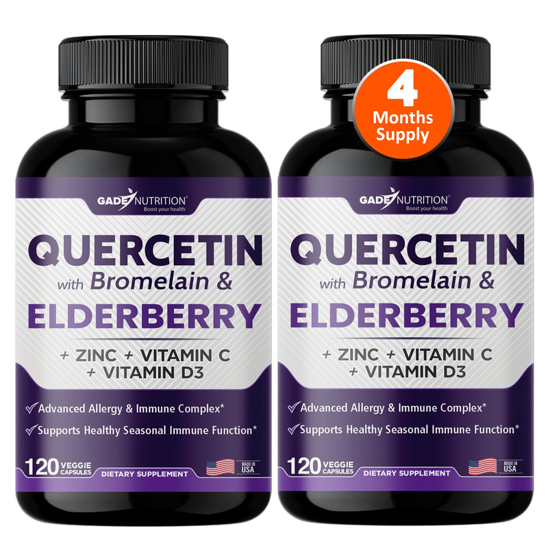 Gade Nutrition Quercetin with Bromelain Elderberry Vitamin C and Zinc | Sambucus Immune Support Supplement 500mg Capsules | Gluten-Free | Made in USA | 4 Month Supply 120 Count (Pack of 2)