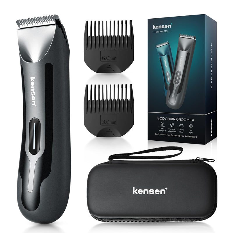[Australia] - Body Hair Trimmer for Men, kensen Electric Groin Hair Trimmer, Rechargeable Body Groomer, Replaceable Ceramic Blade Heads, IPX7 Waterproof Wet/Dry Clippers, Male Pubic Hair Hygiene Razor Black 