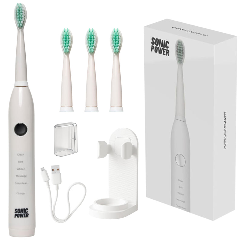Electric Toothbrush Kit, Ultra Portable & Lightweight with 5 Cleaning Modes, 1 Year Supply of Brush Heads, Rechargeable Battery, Mirror Mount & Travel Cap Included (White)