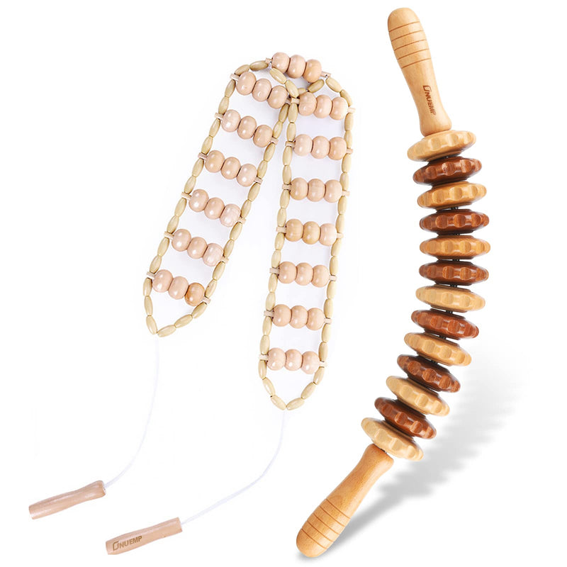 [Australia] - ONUEMP 2PCS Wood Therapy Massage Tools, Wooden Massage Roller Stick & Back Massager Roller Rope, Maderoterapia Kit Colombiana for Lymphatic Drainage, Anti Cellulite, Body Sculpting, Ease Deep Tissue 