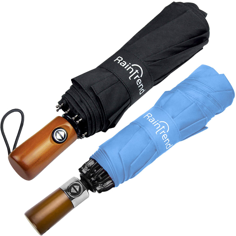 NEW 2 PCS Umbrellas for Rain Black and Light Blue Auto Open and Close Folding Umbrella Windproof Sturdy Unbreakable Umbrellas with Wooden Handle for Women Men - Bundle
