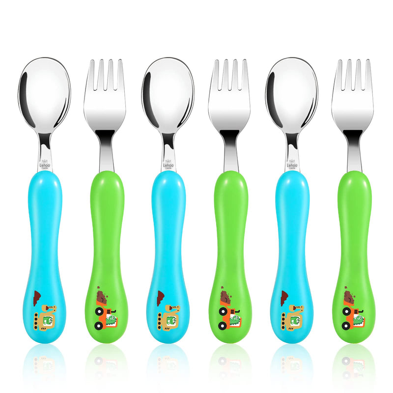 [Australia] - Lehoo Castle Toddler Utensils, 6pcs Kids Silverware, Safe Stainless Steel Fork and Spoon Set, Children Flatware Set, Includes 3 Spoons and 3 Forks (Dinosaur) Blue + Green 