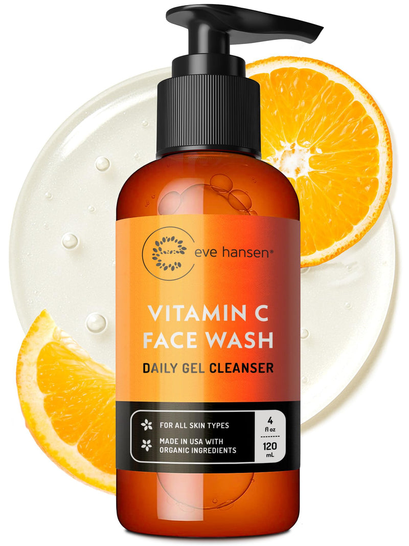 Eve Hansen Vitamin C Cleanser Face Wash | Anti Aging Facial Cleanser for Fine Lines, Age Spots, Dark Circles | Cruelty Free Skin Care Cleansing Gel with Aloe Vera, Vitamin E (4 oz) 4 Fl Oz (Pack of 1)