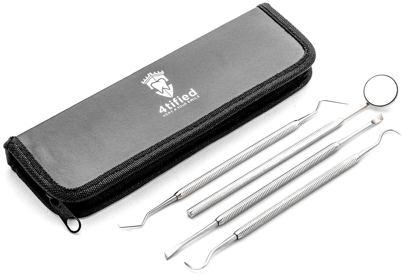 [Australia] - 4tified Dental Tools Hygiene Kit 4 PCS French Stainless Steel Professional Teeth Cleaning Home Use Plaque Calculus Removal Tartar Scraper Scaler Fogless Mirror Dental Pick Vegan Leather case 