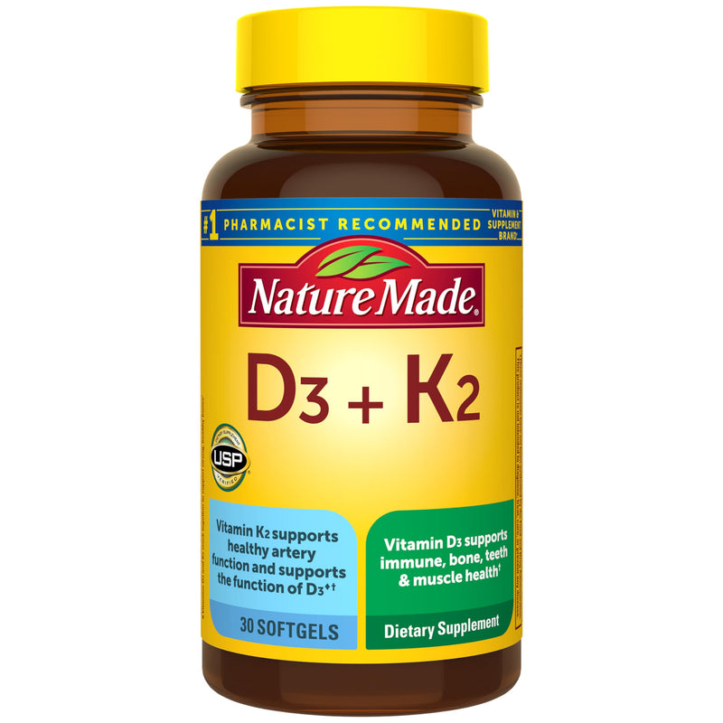 Nature Made Vitamin D3 K2 Supplement, 30 Softgels | Vitamin D 5000 IU (125 mcg) for Immune, Bone, Teeth and Muscle Health Support, 30 Day Supply Unflavored 30 Count (Pack of 1)