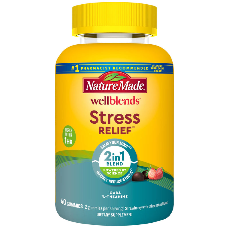 Nature Made Wellblends Stress Relief Gummies, 40 Strawberry Flavor Gummies | L theanine 200mg to Help Reduce Stress, with GABA 100mg, Same Day Stress Support 40 Count (Pack of 1)