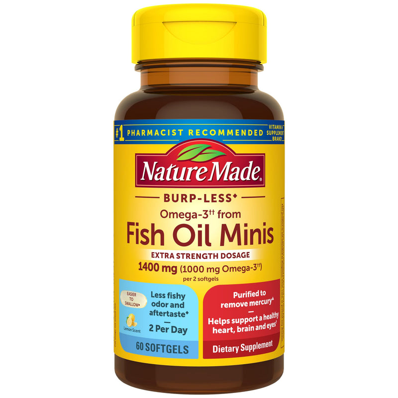 [Australia] - Nature Made Extra Strength Burp Less Omega 3 Fish Oil 1400 mg Minis, Fish Oil Supplements as Ethyl Esters for Healthy Heart, Brain and Eyes Support, Omega 3 Supplement, 60 Softgels, 30 Day Supply Lemon 60 Count (Pack of 1) 