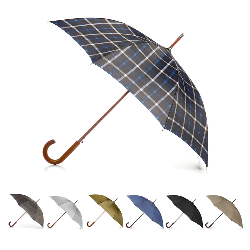 Totes Auto Open Water Repellent Stick Umbrella with Classic Wood J Hook Handle Black Blue White Check One Size