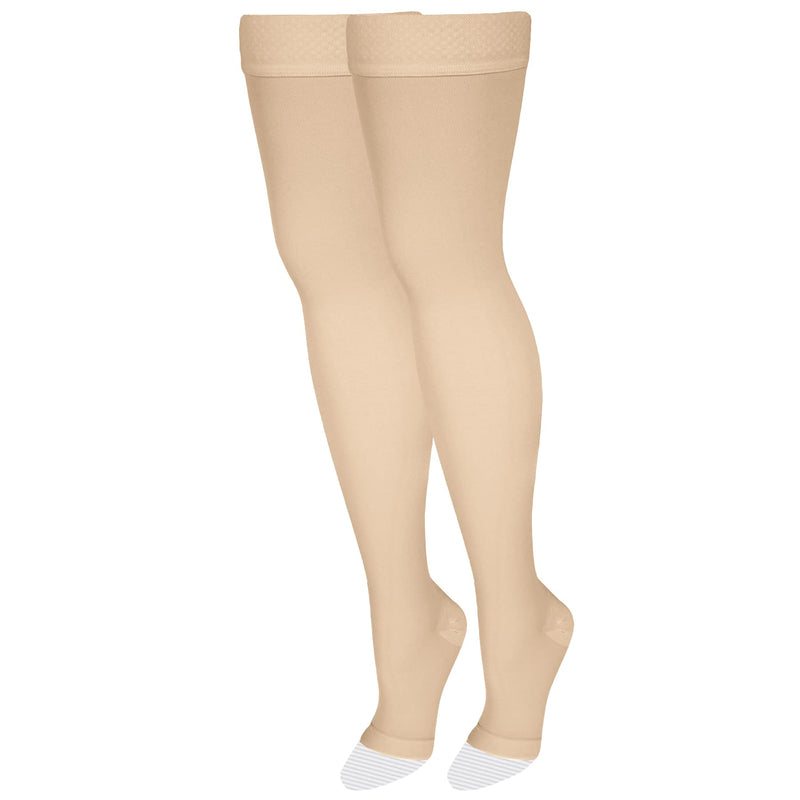 [Australia] - NuVein Medical Compression Stockings, 20-30 mmHg Support, Women & Men Thigh Length Hose, Open Toe, Light Beige, Medium Medium (1 Pair) 