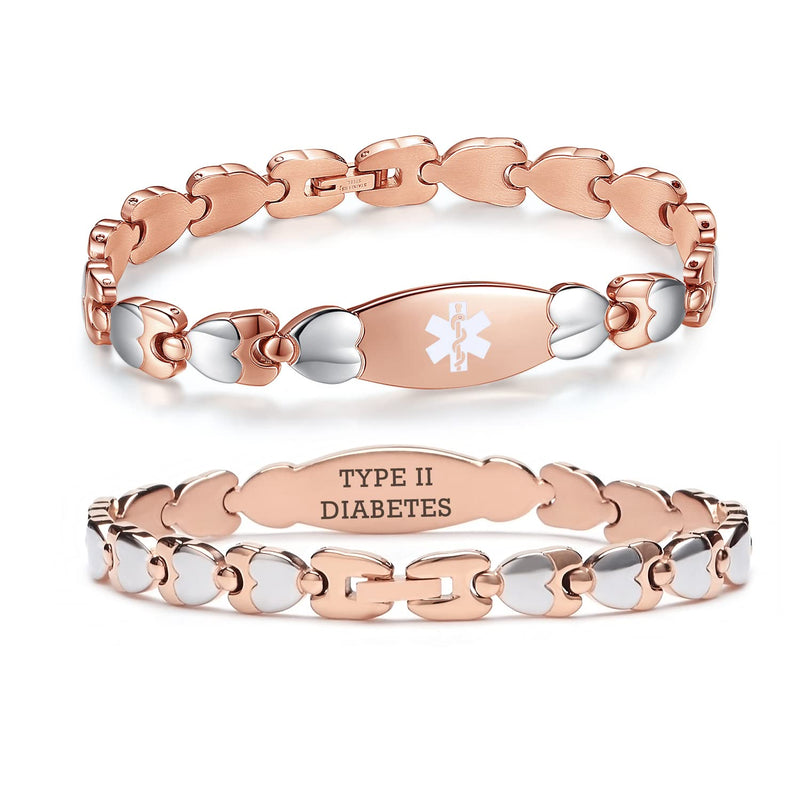 [Australia] - LinnaLove Double Heart Medical id Bracelet for Women 7 1/2 inches Fashion Stainless steel Medical alert bracelets type 2 diabetes rose gold-type 2 diabetes 