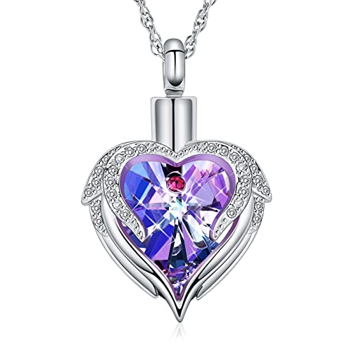 shajwo Angel Wing Heart Urn Necklace for Ashes Silver-Purple