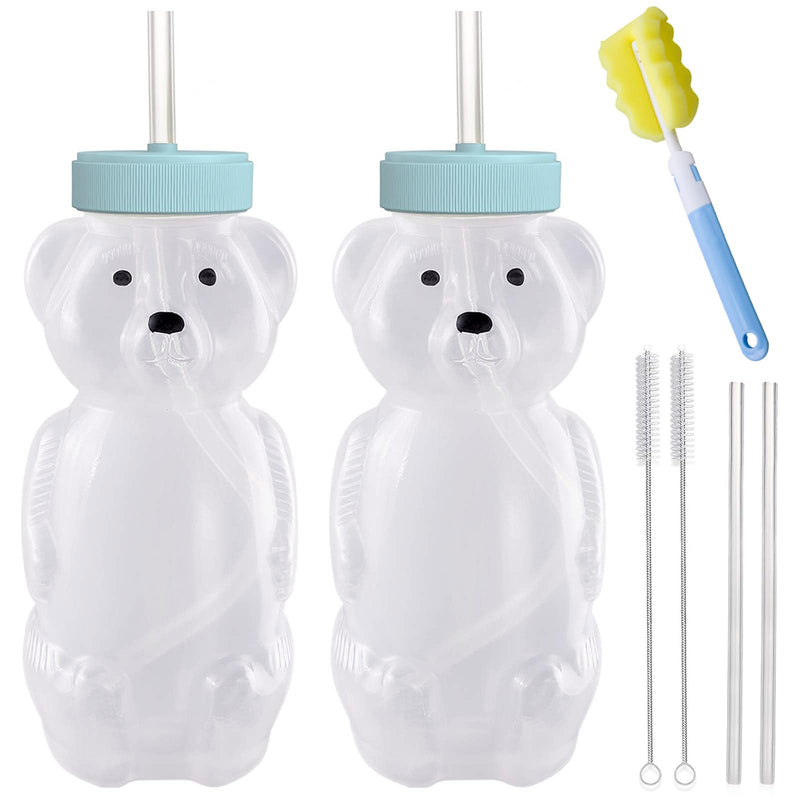 [Australia] - Honey Bear Straw Cups, Juice Bear Bottle Drinking Cup Long Straws with 4 Flexible Straws & Cleaning Tools, 8-Ounce Therapy Sippy Bottles for Speech and Feeding Training, Food-Grade & BPA Free 2 Pack Aqua 
