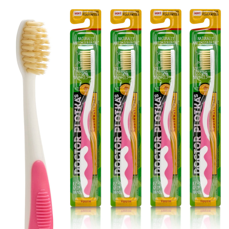 [Australia] - MOUTHWATCHERS Soft Childrens Flossing Manual Toothbrush, Value Pack of 4, Pink Toothbrushes for Kids & Teens, Ultra Clean, by Dr. Plotka's 