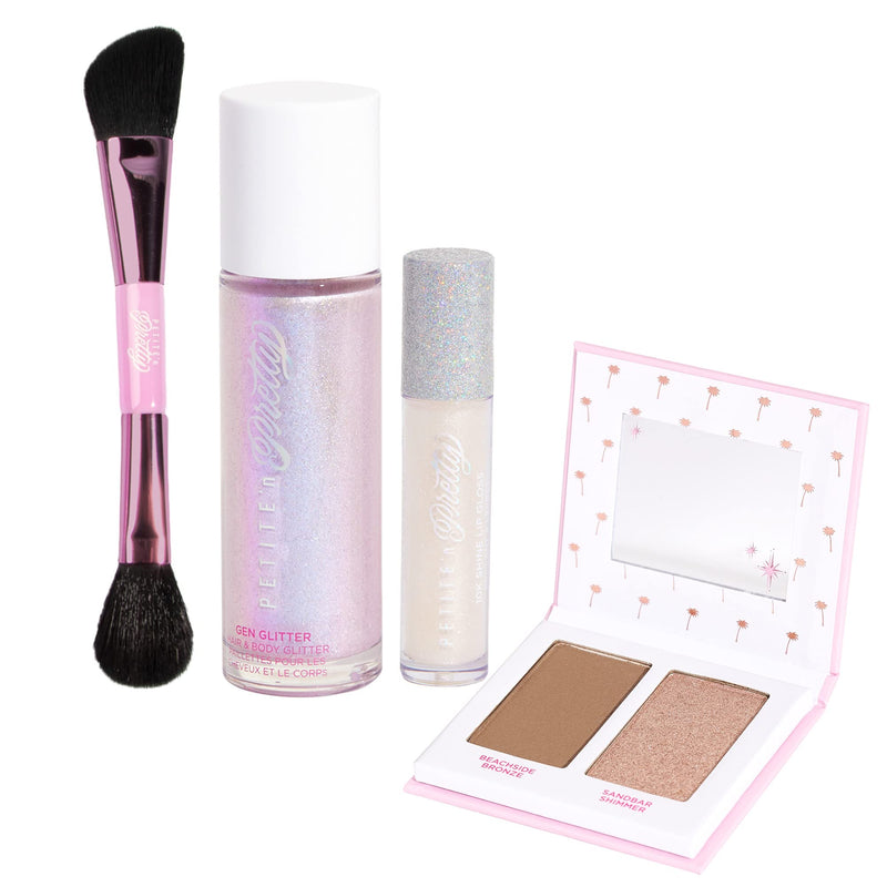 [Australia] - Petite 'n Pretty Makeup Set for Kids (Silver) - Face & Body Makeup for Kids, Tweens, Teens - Highlighter, Body Shimmer Glitter, Lip Gloss, Makeup Brush, Made in the USA Silver 