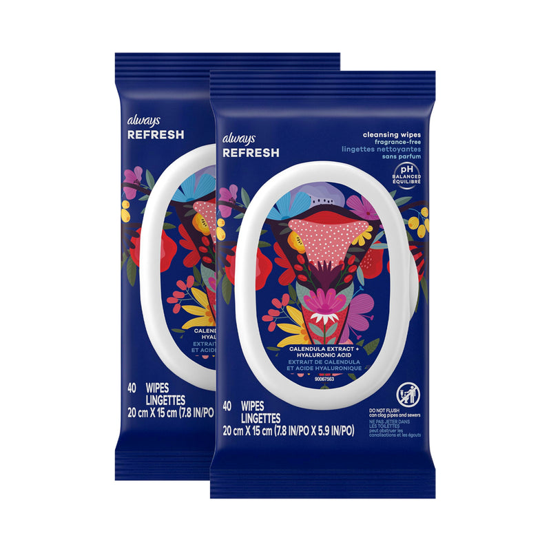 [Australia] - Always Refresh Cleansing Intimate Wipes For Women, Ph Balanced For Skin, Fragrance-Free, Gynecologist Tested, 40 Count X 2 Packs (80 Count Total) 40 Count (Pack of 1) 