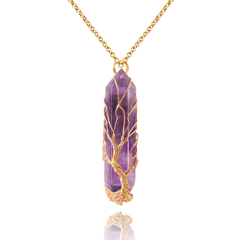 [Australia] - Healing Crystal Necklace Tree of Life Wire Wrapped Natural Stone Point Pendant Necklace Hexagonal Reiki Spiritual Quartz Gemstone Jewelry for Women Men Amethyst 