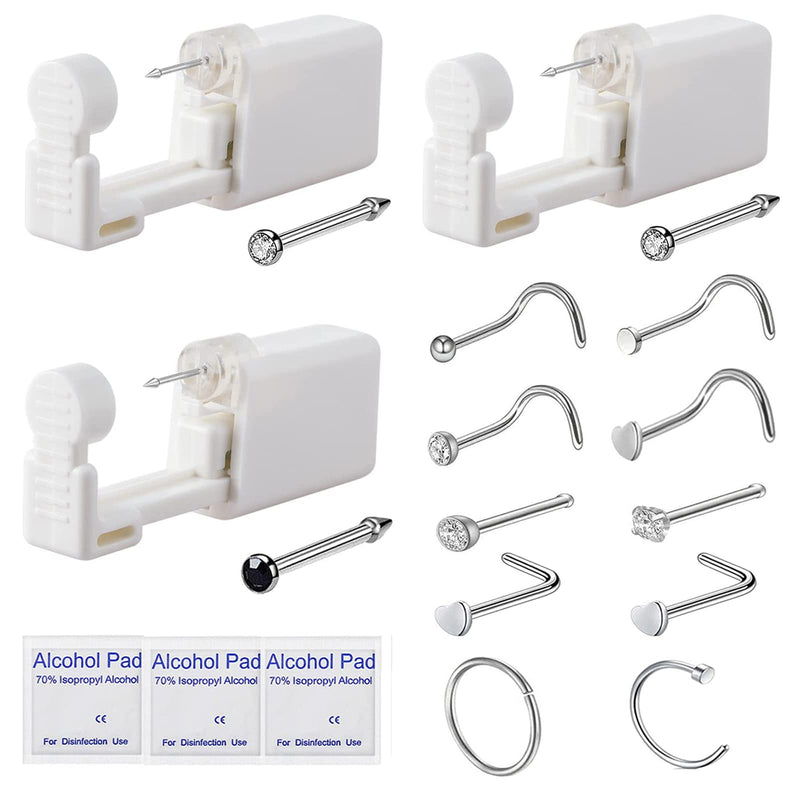 [Australia] - 3 Pack Nose Piercing Kit, Disposable Safety Self Nose Piercing Gun with 10 Piece Nose Rings Studs, Home Nose Percinging Kit Gun Tools 