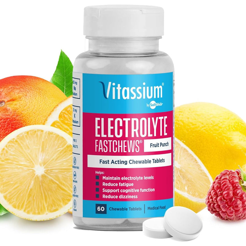 [Australia] - Vitassium FastChews, Chewable Electrolyte Tablets for Dietary Management of POTS Syndrome, Fast-Acting Sodium Tablets, Fruit Punch Flavor, 60 Count 60 Count (Pack of 1) 