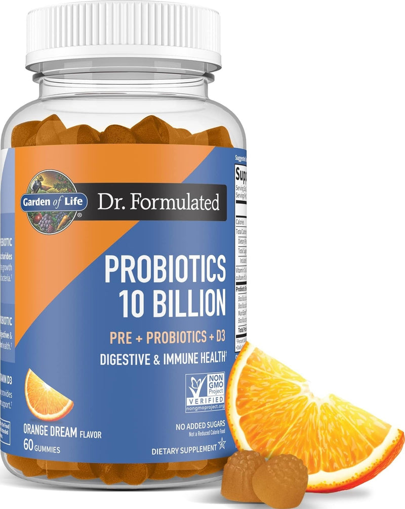 Garden of Life Dr Formulated 10 Billion CFU Prebiotic Fiber & Probiotic Gummies with Vitamin D3 for Digestive and Immune Health – Gluten Free, Non GMO, No Added Sugar, Orange Dream Flavor, 60 Gummies 60 Count (Pack of 1)