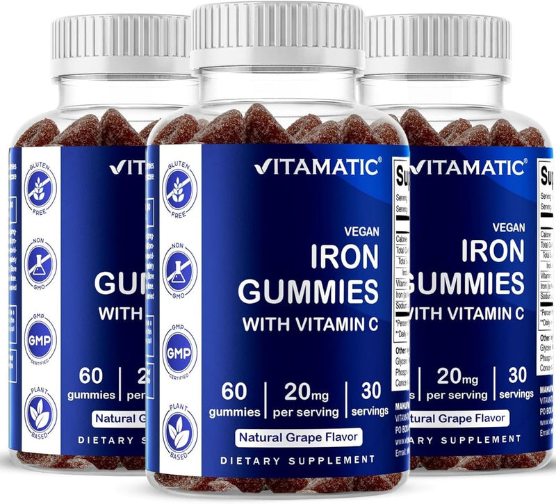 Vitamatic Iron Gummies Supplement for Women & Men - 20mg Serving - 60 Vegan Gummies - Great Tasting Iron Gummy Vitamins with Vitamin C (60 Count (Pack of 3)) | Supports Healthy RBC Production and Oxygen Transport*, Immune Health Support*, Plant Based, ...