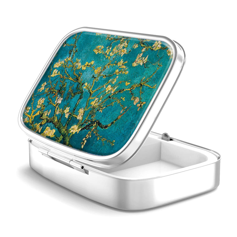[Australia] - Pill Box 2 Compartment Medicine Pill Case,Portable Pill Box for Pocket or Purse Pill Box Decorative Metal Medicine Vitamin Organizer Unique Gift(Van Gogh Almond Blossom) 1 Piece 1-vincent Van Gogh Almond Blossom 