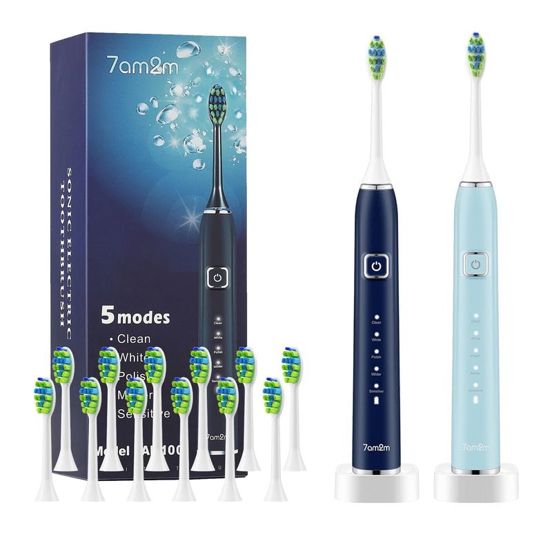 [Australia] - 7AM2M Electric Toothbrush 2 Pack Set for Adults, 12 Replacement Brush Heads, 5 Adjustable Modes, Built-in 2-Minute Smart Timer, Fast Charge for 60 Days, IPX7 Waterproof, Navy & Light Blue Navy Blue & Light Blue 