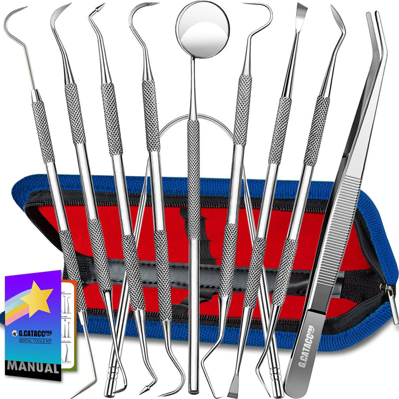[Australia] - G.CATACC 10 Pack Dental Tools, Professional Plaque Remover for Teeth Cleaning Tools Set, Stainless Steel Hygiene Kit with Dental Pick Tooth Scraper Plaque Tartar Remover Tongue Cleaner - with Case 10 Pack Dental Tools Set With Case - Dark Blue 