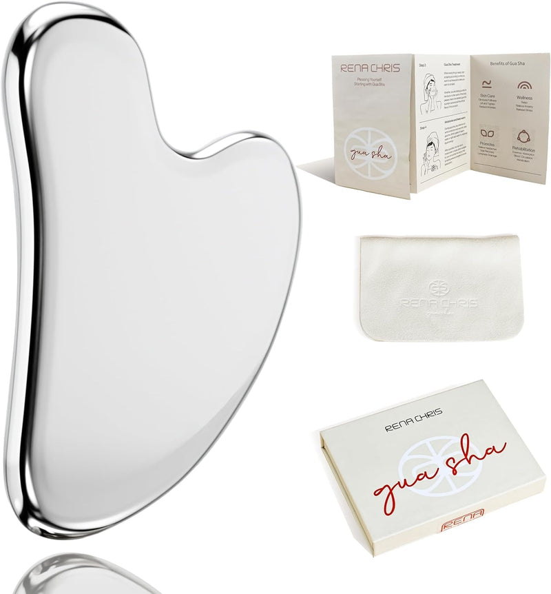 [Australia] - Rena Chris Gua Sha Facial Tools, Stainless Steel Guasha Tool for Acupuncture, Manual Massage Sticks for Jawline Sculpting and Puffiness Reducing, Gua Sha Scraping Massage Tool, Skin-Care Tool Silver 