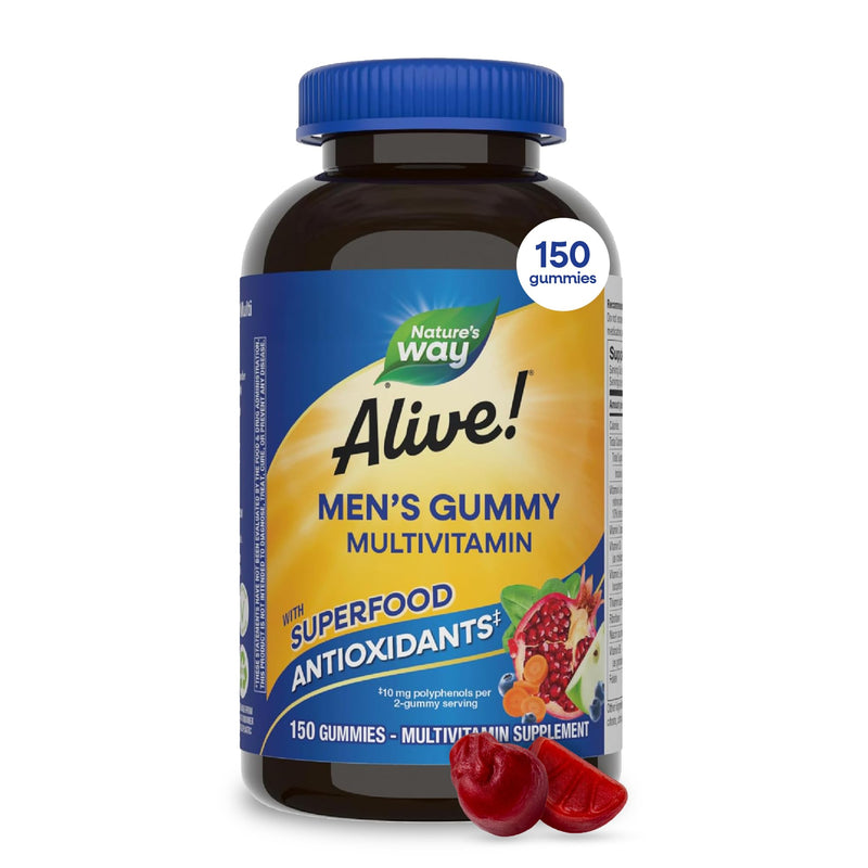 Nature's Way Alive! Men’s Multivitamin Gummy, Vitamin A, C, D3, Zinc,150 ct | Daily Vitamin Gummies for Men, Supports Cellular Energy Metabolism, Immune Health, Muscle Function*, Vegetarian 150 Count (Pack of 1)