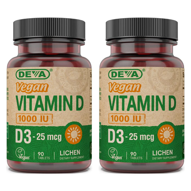 DEVA Vegan Vitamin D3 Supplement - Once-Per-Day Tablet with 1000 IU - Cholecalciferol - Lichen Plant Derived - 90 Small Tablets, 2-Pack 90 Count (Pack of 2)