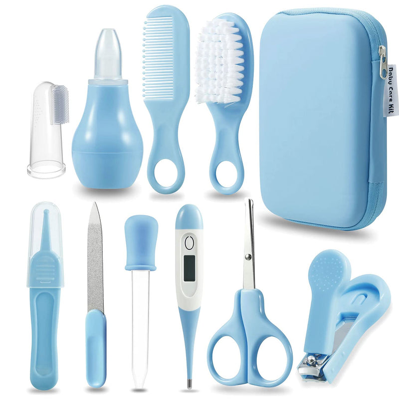 [Australia] - PandaEar Baby Healthcare and Grooming Kit, Baby Safety Set Baby Comb, Brush, Finger Toothbrush, Nail Clippers, Scissors, Nasal Aspirator, Baby Essentials Nursery Care Kit (Blue) Blue 