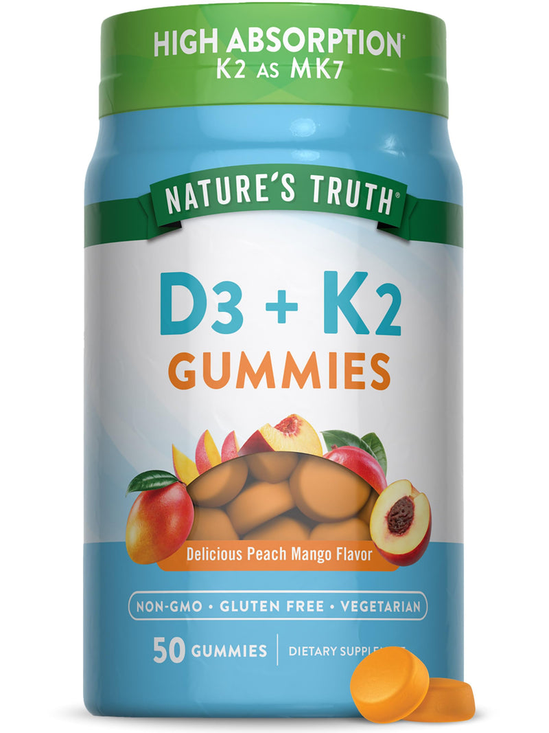Nature's Truth Vitamin D3 + K2 Gummies | 50 Count | Peach Mango Flavor | Vegetarian, Non-GMO & Gluten Free Supplement 50 Count (Pack of 1)