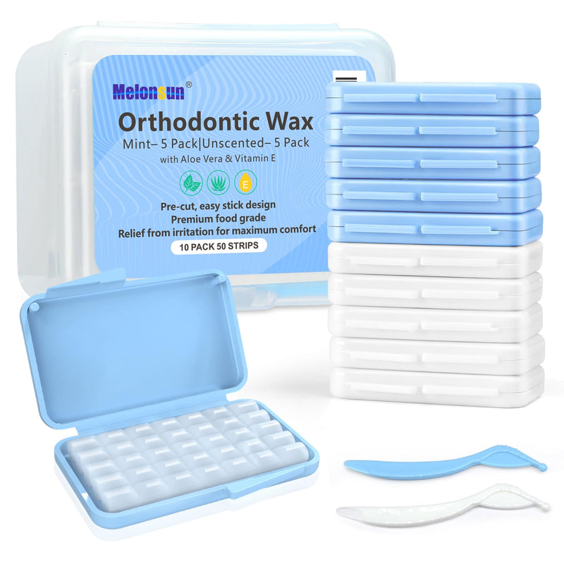 [Australia] - Braces Wax Precut, 10 Pack 50 Strips 350+ Perfect Size Dots,Includes Separate Cases,Big Storage Box & 2 Removal Tools, Food-Grade Premium Dental Wax- Stick Better(Unscented/Mint+Aloe Vera+Vitamin E) 