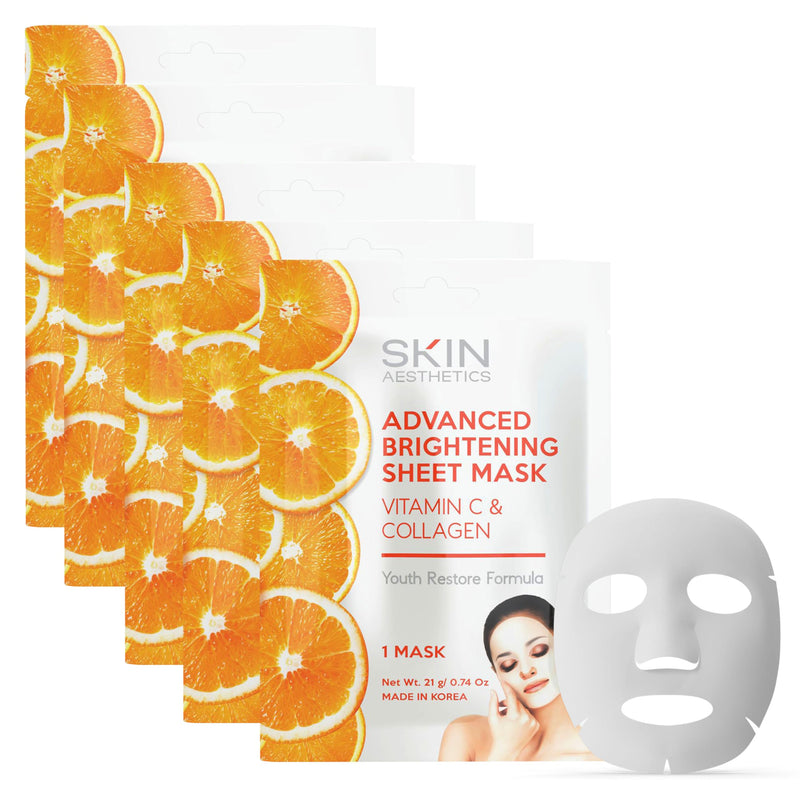 Vitamin C & Collagen Sheet Face Mask - Reduces Wrinkles & Age Spots, Hydrating - Dermatologist Tested Korean Skincare - Clean Beauty, Cruelty-Free - 5 Masks Vitamin C & Collagen