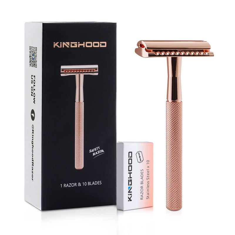 KINGHOOD Safety Razors for Sensitive Skin,Single Blade Razor with 10 Double Edge Blades,Reusable Metal Razor for a Smooth and Clean Shave(Rose Gold) Rose gold b